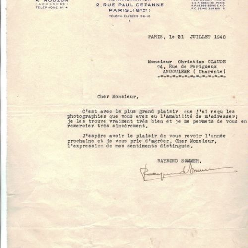 Courrier de Raymond Sommer à Christian-Claude.